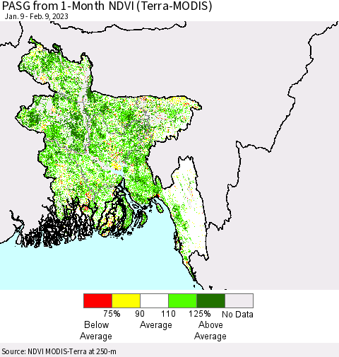 Bangladesh PASG from 1-Month NDVI (Terra-MODIS) Thematic Map For 2/2/2023 - 2/9/2023