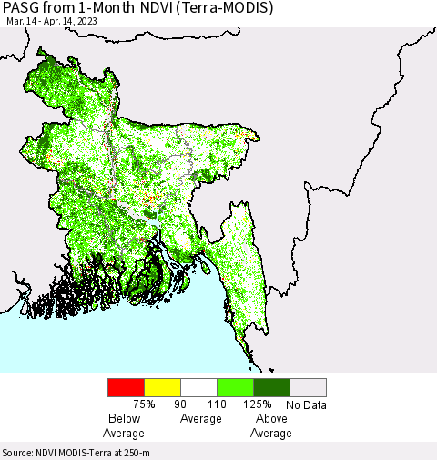 Bangladesh PASG from 1-Month NDVI (Terra-MODIS) Thematic Map For 4/7/2023 - 4/14/2023