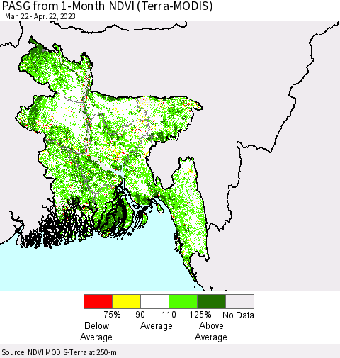 Bangladesh PASG from 1-Month NDVI (Terra-MODIS) Thematic Map For 4/15/2023 - 4/22/2023