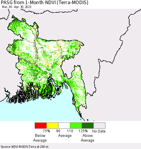 Bangladesh PASG from 1-Month NDVI (Terra-MODIS) Thematic Map For 4/23/2023 - 4/30/2023
