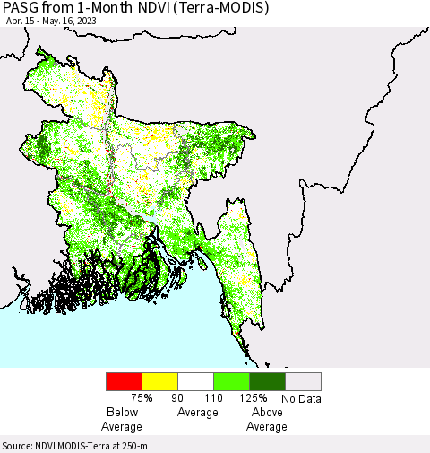 Bangladesh PASG from 1-Month NDVI (Terra-MODIS) Thematic Map For 5/9/2023 - 5/16/2023