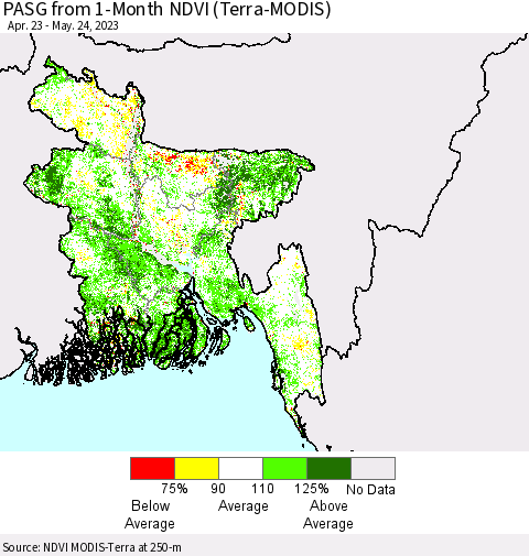 Bangladesh PASG from 1-Month NDVI (Terra-MODIS) Thematic Map For 5/17/2023 - 5/24/2023