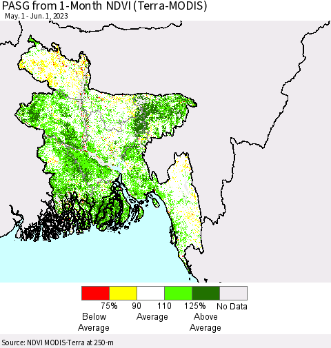 Bangladesh PASG from 1-Month NDVI (Terra-MODIS) Thematic Map For 5/25/2023 - 6/1/2023