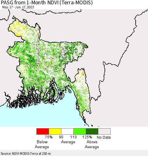 Bangladesh PASG from 1-Month NDVI (Terra-MODIS) Thematic Map For 6/10/2023 - 6/17/2023