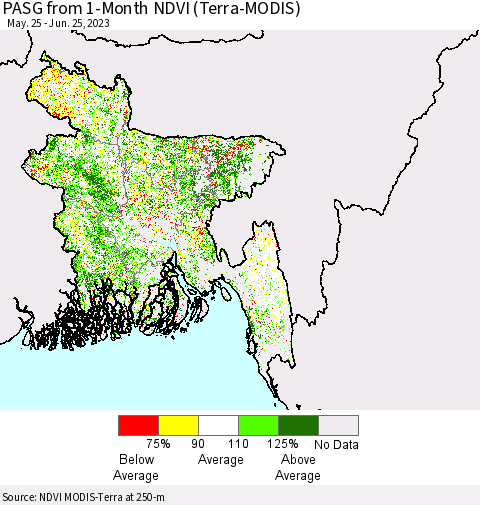 Bangladesh PASG from 1-Month NDVI (Terra-MODIS) Thematic Map For 6/18/2023 - 6/25/2023