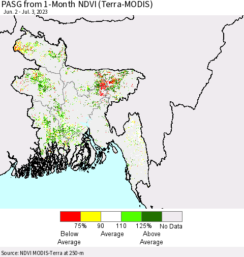 Bangladesh PASG from 1-Month NDVI (Terra-MODIS) Thematic Map For 6/26/2023 - 7/3/2023