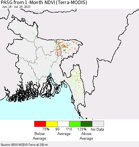 Bangladesh PASG from 1-Month NDVI (Terra-MODIS) Thematic Map For 7/12/2023 - 7/19/2023