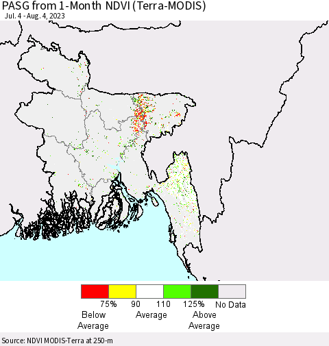 Bangladesh PASG from 1-Month NDVI (Terra-MODIS) Thematic Map For 7/28/2023 - 8/4/2023