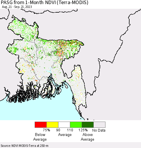Bangladesh PASG from 1-Month NDVI (Terra-MODIS) Thematic Map For 9/14/2023 - 9/21/2023