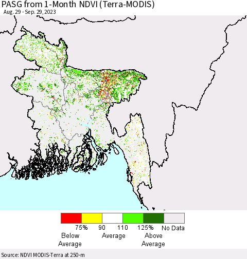 Bangladesh PASG from 1-Month NDVI (Terra-MODIS) Thematic Map For 9/22/2023 - 9/29/2023