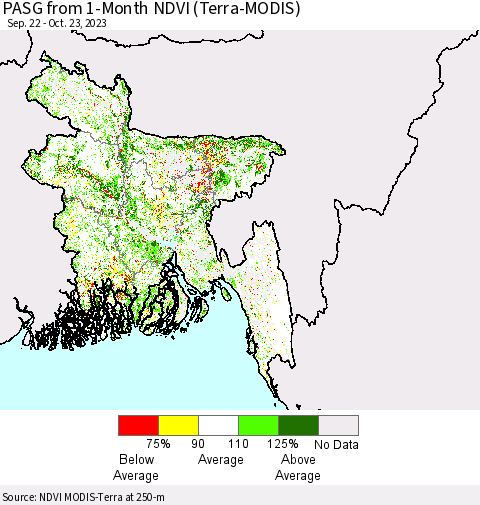 Bangladesh PASG from 1-Month NDVI (Terra-MODIS) Thematic Map For 10/16/2023 - 10/23/2023