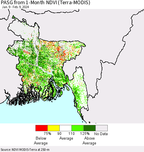 Bangladesh PASG from 1-Month NDVI (Terra-MODIS) Thematic Map For 2/2/2024 - 2/9/2024