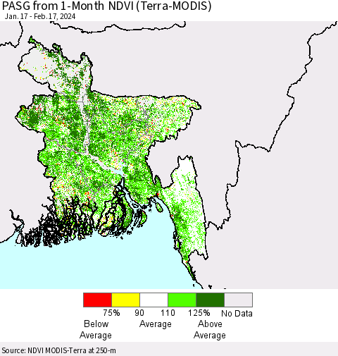 Bangladesh PASG from 1-Month NDVI (Terra-MODIS) Thematic Map For 2/10/2024 - 2/17/2024