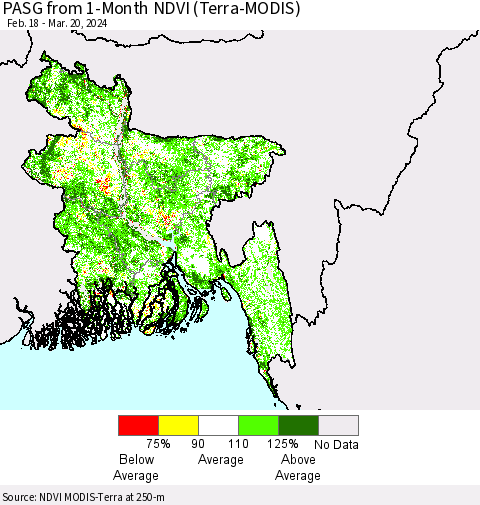 Bangladesh PASG from 1-Month NDVI (Terra-MODIS) Thematic Map For 3/13/2024 - 3/20/2024