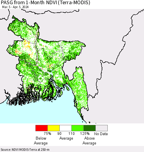 Bangladesh PASG from 1-Month NDVI (Terra-MODIS) Thematic Map For 3/29/2024 - 4/5/2024