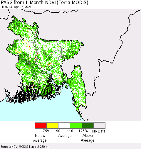 Bangladesh PASG from 1-Month NDVI (Terra-MODIS) Thematic Map For 4/6/2024 - 4/13/2024