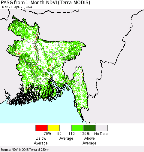 Bangladesh PASG from 1-Month NDVI (Terra-MODIS) Thematic Map For 4/14/2024 - 4/21/2024