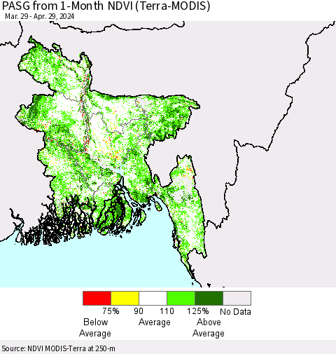Bangladesh PASG from 1-Month NDVI (Terra-MODIS) Thematic Map For 4/22/2024 - 4/29/2024