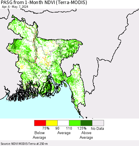 Bangladesh PASG from 1-Month NDVI (Terra-MODIS) Thematic Map For 4/30/2024 - 5/7/2024