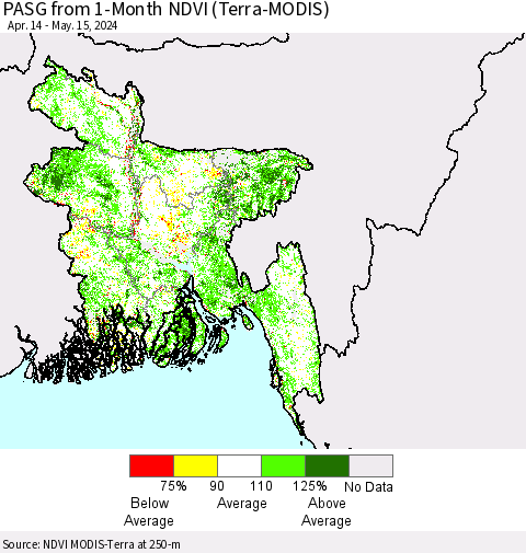 Bangladesh PASG from 1-Month NDVI (Terra-MODIS) Thematic Map For 5/8/2024 - 5/15/2024