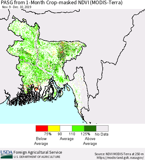 Bangladesh PASG from 1-Month Cropland NDVI (Terra-MODIS) Thematic Map For 12/1/2019 - 12/10/2019