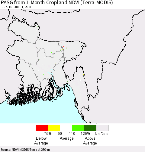 Bangladesh PASG from 1-Month Cropland NDVI (Terra-MODIS) Thematic Map For 7/4/2021 - 7/11/2021