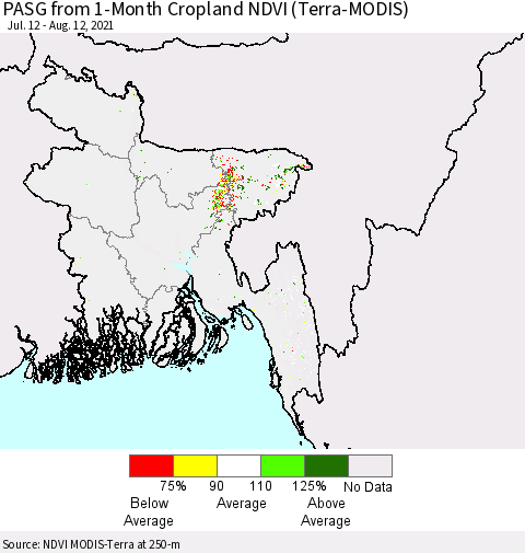 Bangladesh PASG from 1-Month Cropland NDVI (Terra-MODIS) Thematic Map For 8/5/2021 - 8/12/2021