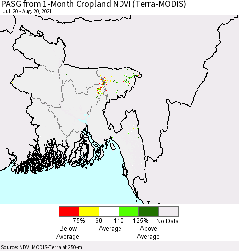 Bangladesh PASG from 1-Month Cropland NDVI (Terra-MODIS) Thematic Map For 8/13/2021 - 8/20/2021