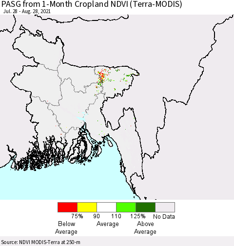 Bangladesh PASG from 1-Month Cropland NDVI (Terra-MODIS) Thematic Map For 8/21/2021 - 8/28/2021