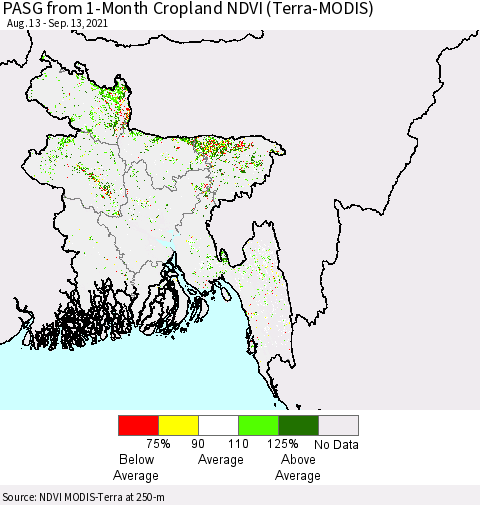 Bangladesh PASG from 1-Month Cropland NDVI (Terra-MODIS) Thematic Map For 9/6/2021 - 9/13/2021