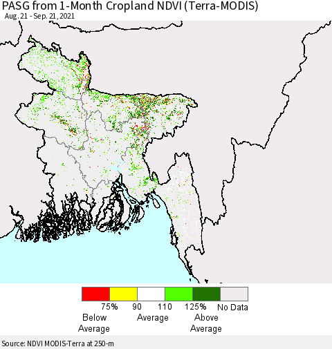 Bangladesh PASG from 1-Month Cropland NDVI (Terra-MODIS) Thematic Map For 9/14/2021 - 9/21/2021