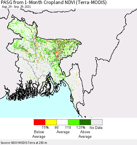Bangladesh PASG from 1-Month Cropland NDVI (Terra-MODIS) Thematic Map For 9/22/2021 - 9/29/2021