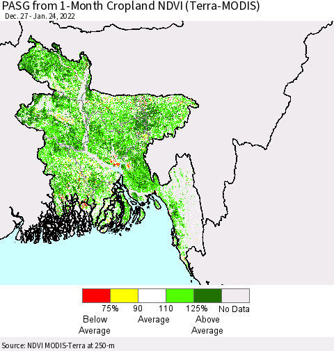 Bangladesh PASG from 1-Month Cropland NDVI (Terra-MODIS) Thematic Map For 1/17/2022 - 1/24/2022
