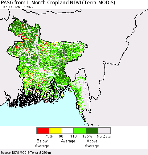 Bangladesh PASG from 1-Month Cropland NDVI (Terra-MODIS) Thematic Map For 2/10/2022 - 2/17/2022