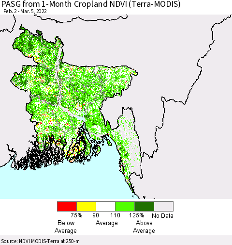 Bangladesh PASG from 1-Month Cropland NDVI (Terra-MODIS) Thematic Map For 2/26/2022 - 3/5/2022