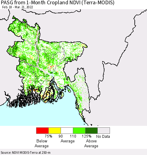 Bangladesh PASG from 1-Month Cropland NDVI (Terra-MODIS) Thematic Map For 3/14/2022 - 3/21/2022