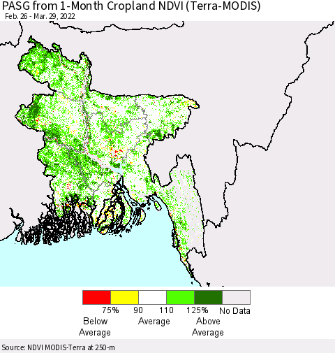 Bangladesh PASG from 1-Month Cropland NDVI (Terra-MODIS) Thematic Map For 3/22/2022 - 3/29/2022