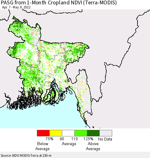 Bangladesh PASG from 1-Month Cropland NDVI (Terra-MODIS) Thematic Map For 5/1/2022 - 5/8/2022