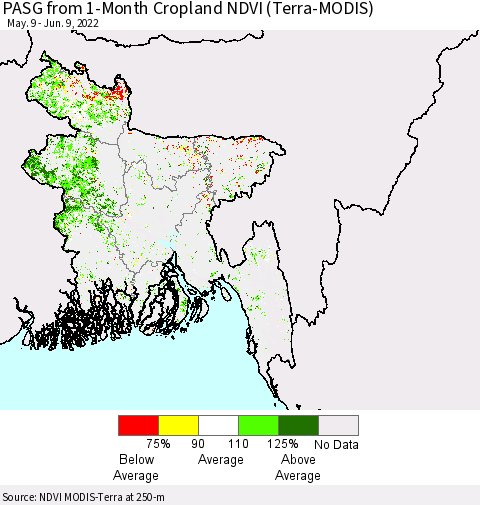 Bangladesh PASG from 1-Month Cropland NDVI (Terra-MODIS) Thematic Map For 6/2/2022 - 6/9/2022