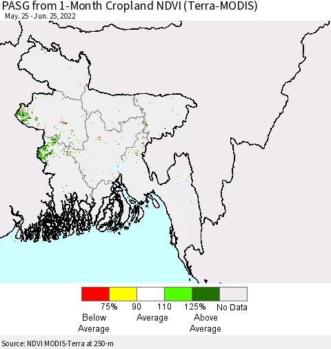 Bangladesh PASG from 1-Month Cropland NDVI (Terra-MODIS) Thematic Map For 6/18/2022 - 6/25/2022