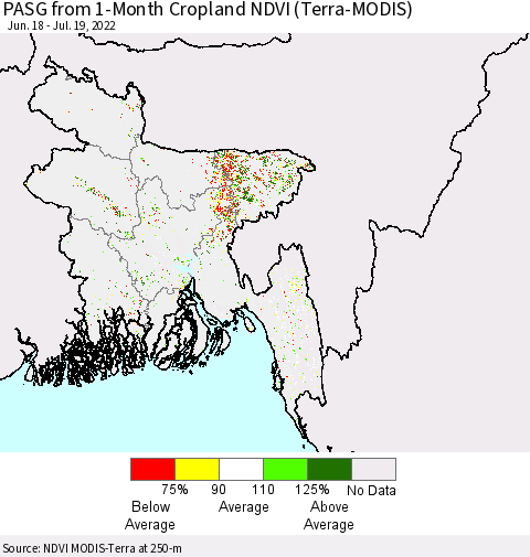 Bangladesh PASG from 1-Month Cropland NDVI (Terra-MODIS) Thematic Map For 7/12/2022 - 7/19/2022