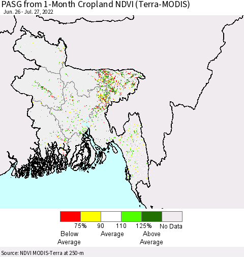 Bangladesh PASG from 1-Month Cropland NDVI (Terra-MODIS) Thematic Map For 7/20/2022 - 7/27/2022