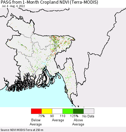 Bangladesh PASG from 1-Month Cropland NDVI (Terra-MODIS) Thematic Map For 7/28/2022 - 8/4/2022