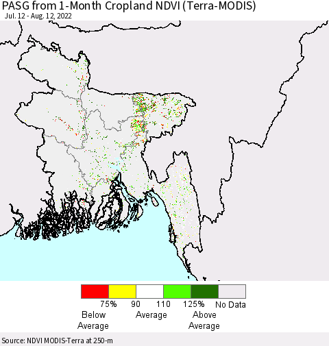 Bangladesh PASG from 1-Month Cropland NDVI (Terra-MODIS) Thematic Map For 8/5/2022 - 8/12/2022