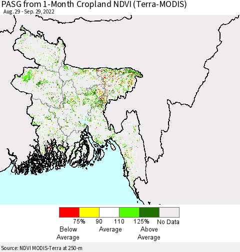 Bangladesh PASG from 1-Month Cropland NDVI (Terra-MODIS) Thematic Map For 9/22/2022 - 9/29/2022