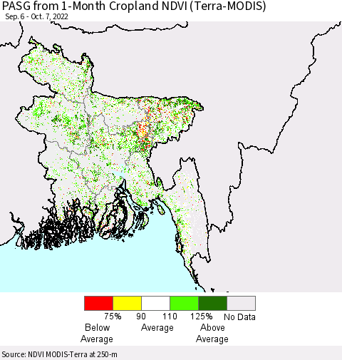 Bangladesh PASG from 1-Month Cropland NDVI (Terra-MODIS) Thematic Map For 9/30/2022 - 10/7/2022