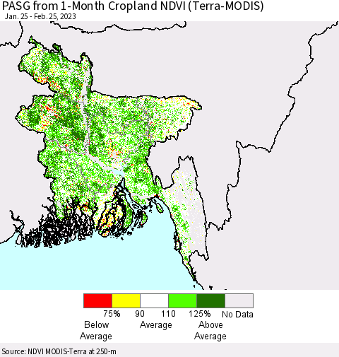 Bangladesh PASG from 1-Month Cropland NDVI (Terra-MODIS) Thematic Map For 2/18/2023 - 2/25/2023
