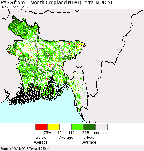 Bangladesh PASG from 1-Month Cropland NDVI (Terra-MODIS) Thematic Map For 3/30/2023 - 4/6/2023
