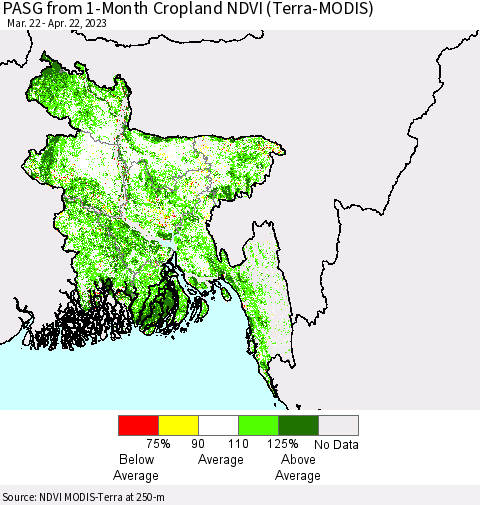 Bangladesh PASG from 1-Month Cropland NDVI (Terra-MODIS) Thematic Map For 4/15/2023 - 4/22/2023