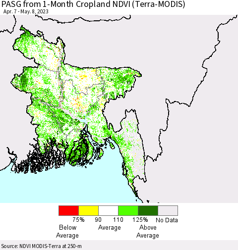 Bangladesh PASG from 1-Month Cropland NDVI (Terra-MODIS) Thematic Map For 5/1/2023 - 5/8/2023